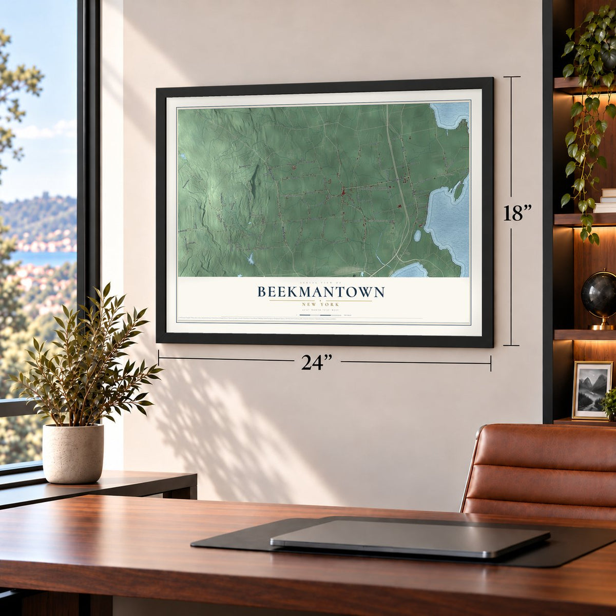 Beekmantown, New York map, 18 x 24 inch print in a black frame in a home office