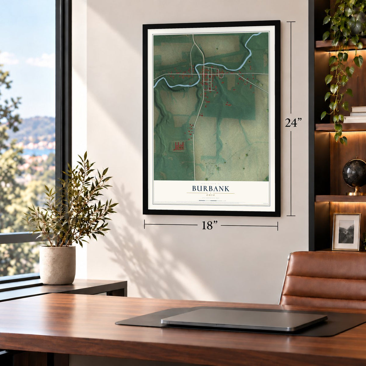 Burbank, Ohio map, 18 x 24 inch print in a black frame in a home office