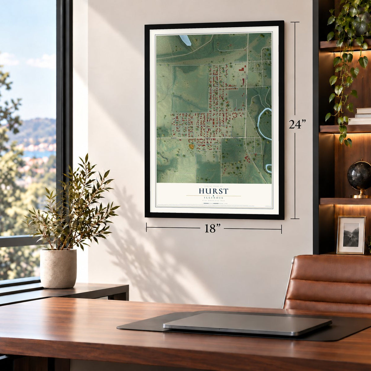 Hurst, Illinois map, 18 x 24 inch print in a black frame in a home office