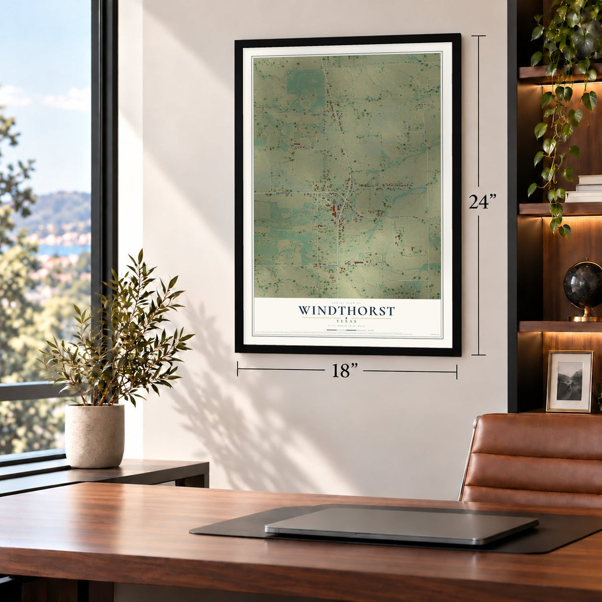 Windthorst, Texas map, 18 x 24 inch print in a black frame in a home office