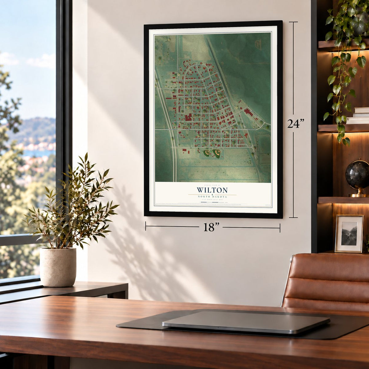 Wilton, North Dakota map, 18 x 24 inch print in a black frame in a home office