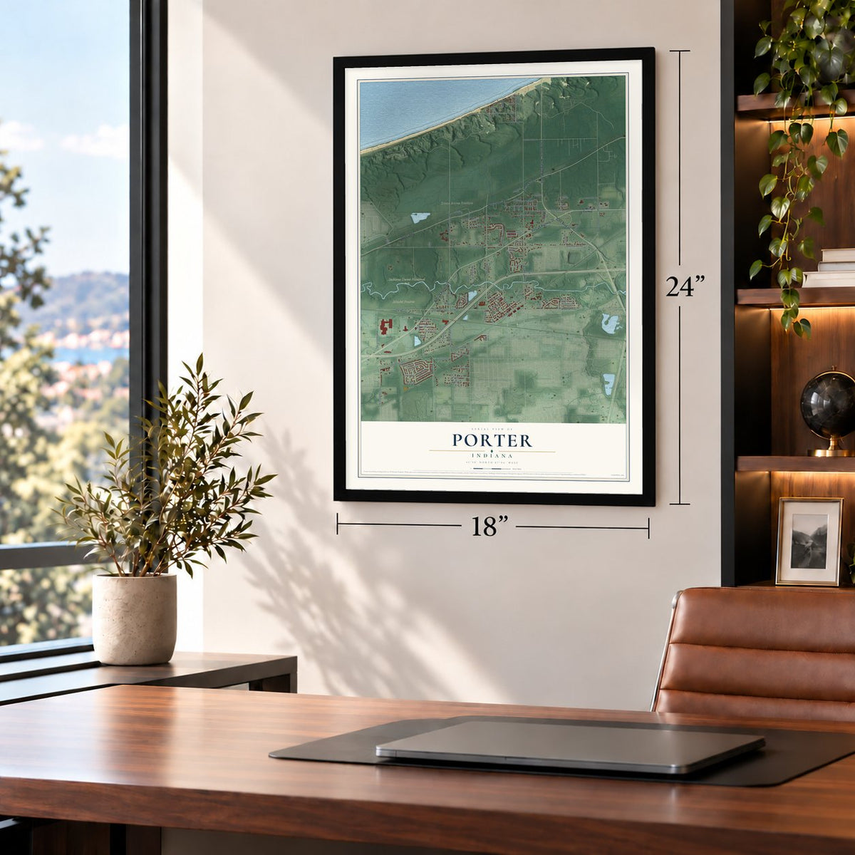 Porter, Indiana map, 18 x 24 inch print in a black frame in a home office