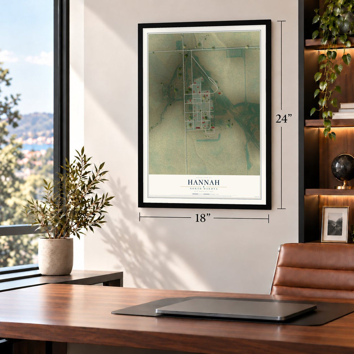 Hannah, North Dakota map, 18 x 24 inch print in a black frame in a home office