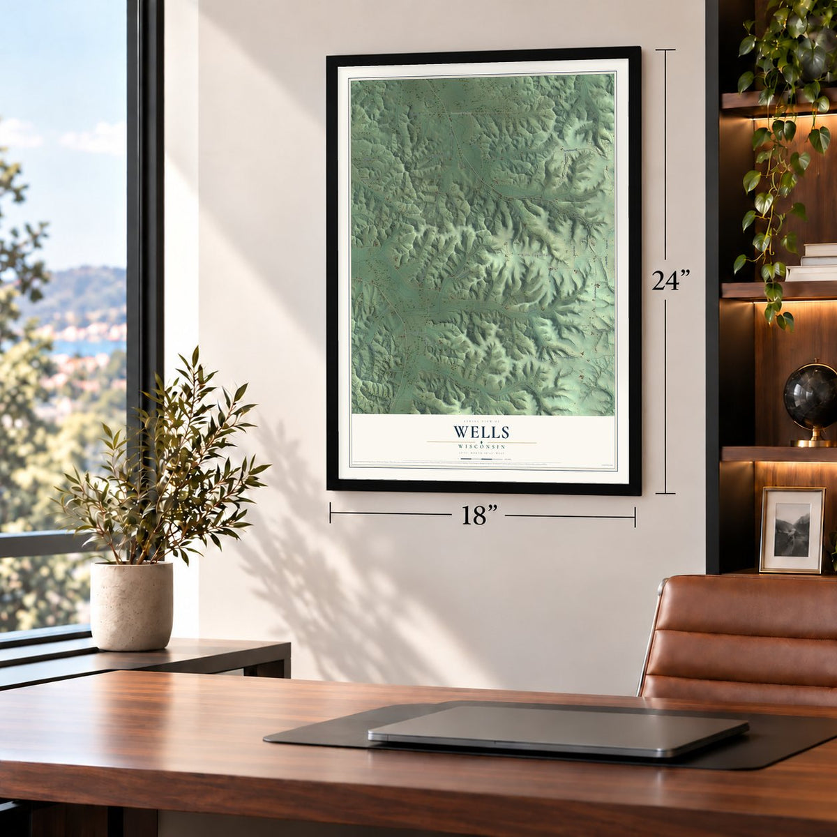 Wells, Wisconsin map, 18 x 24 inch print in a black frame in a home office