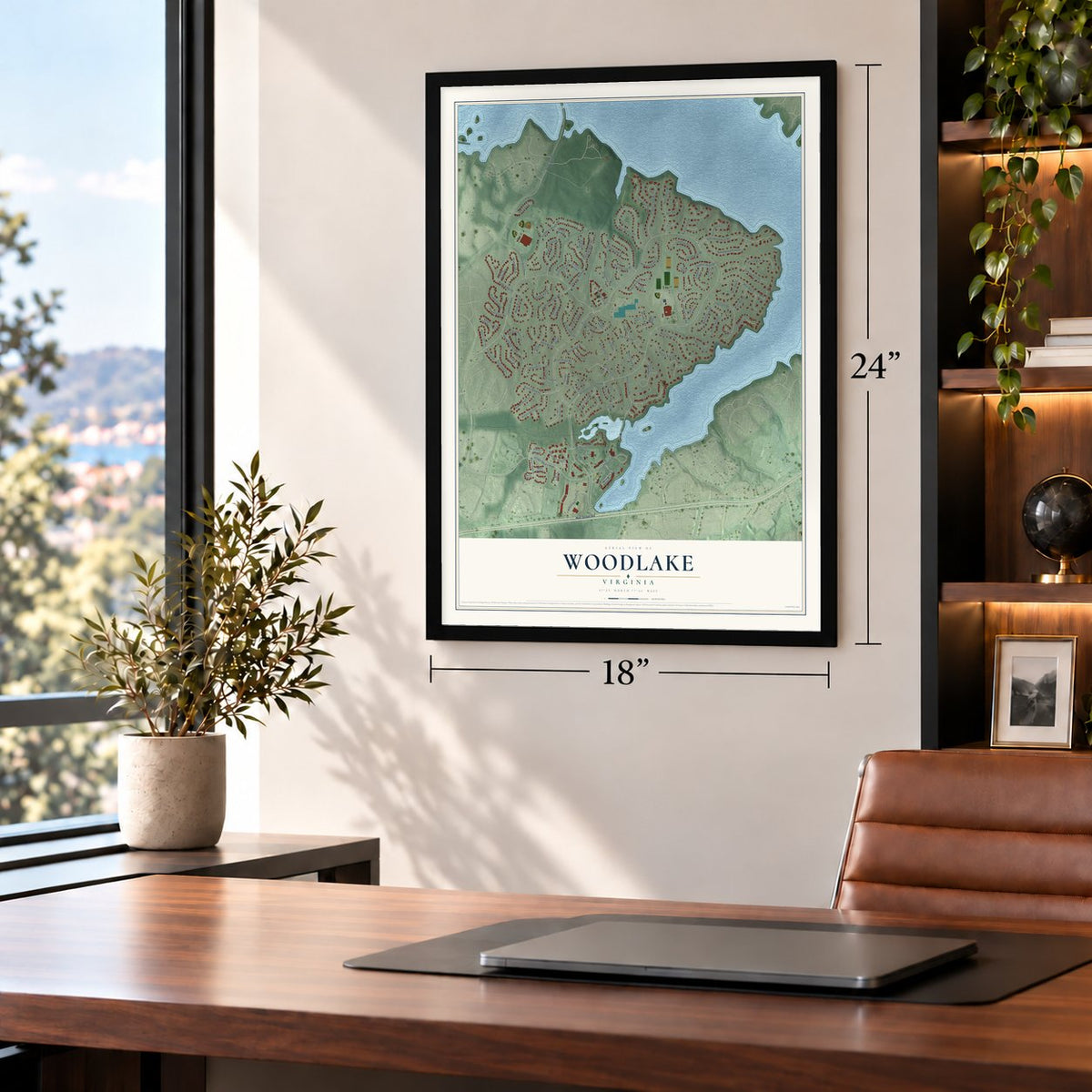 Woodlake, Virginia map, 18 x 24 inch print in a black frame in a home office