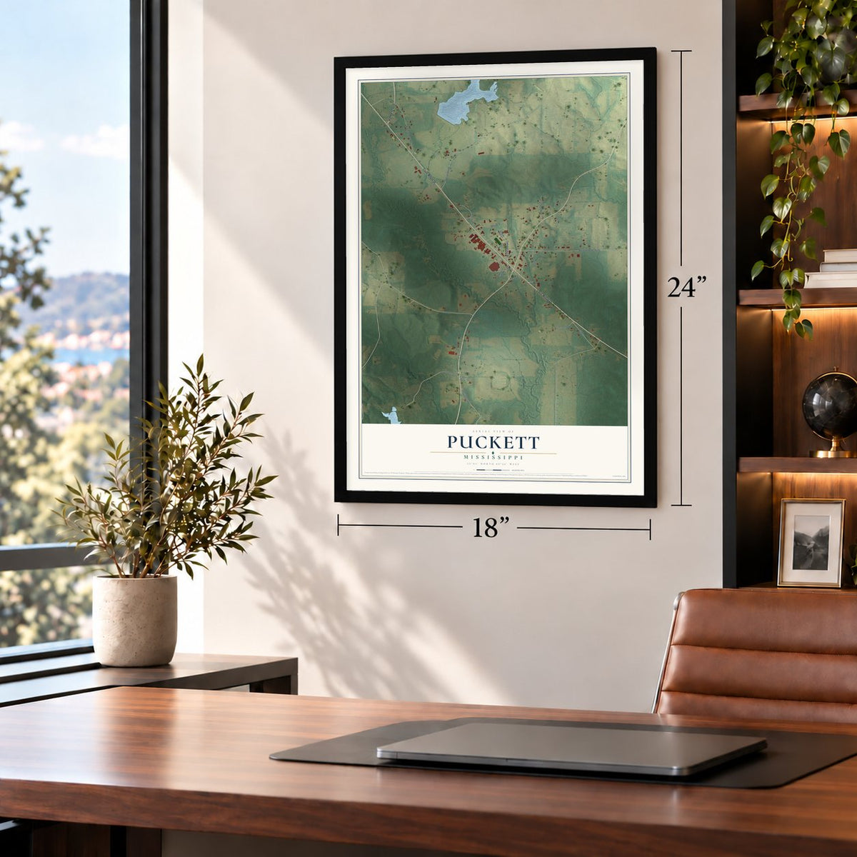 Puckett, Mississippi map, 18 x 24 inch print in a black frame in a home office