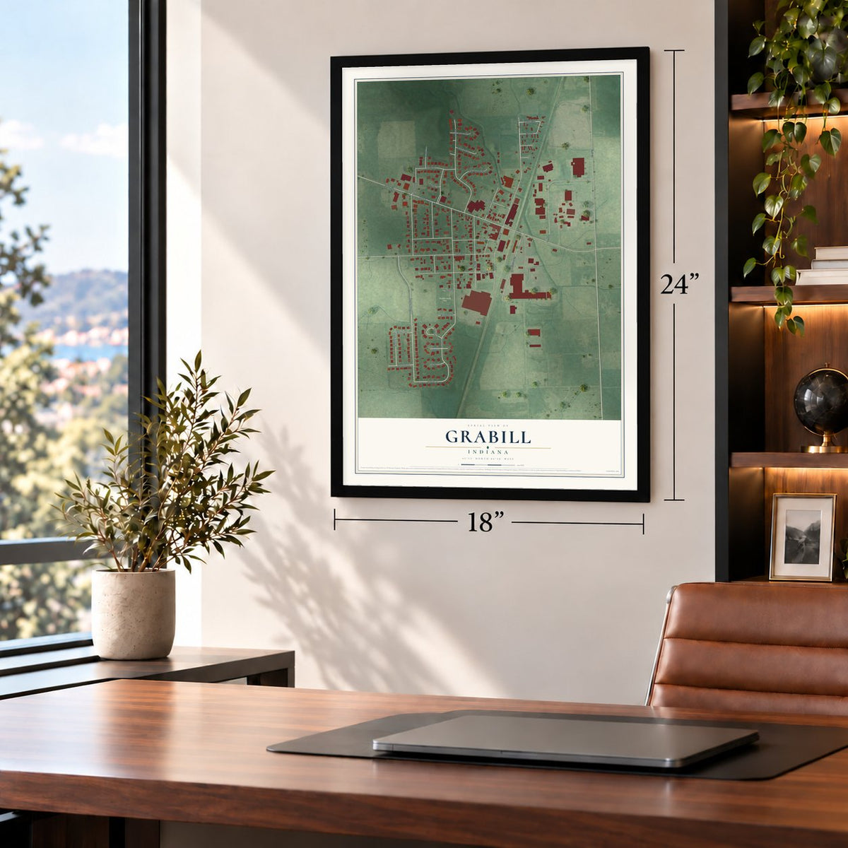 Grabill, Indiana map, 18 x 24 inch print in a black frame in a home office