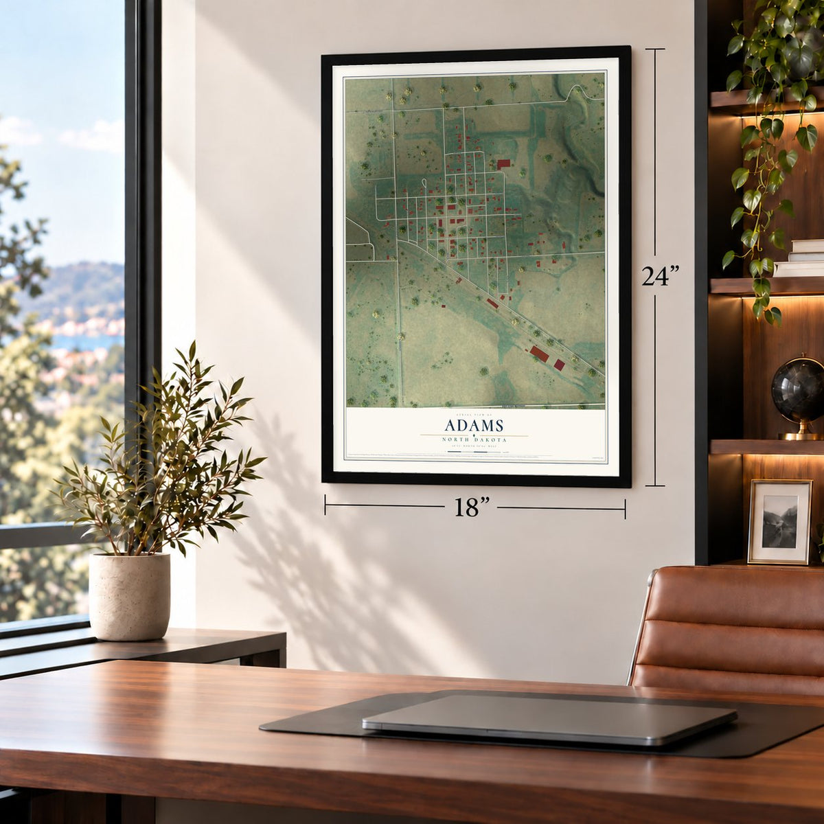 Adams, North Dakota map, 18 x 24 inch print in a black frame in a home office