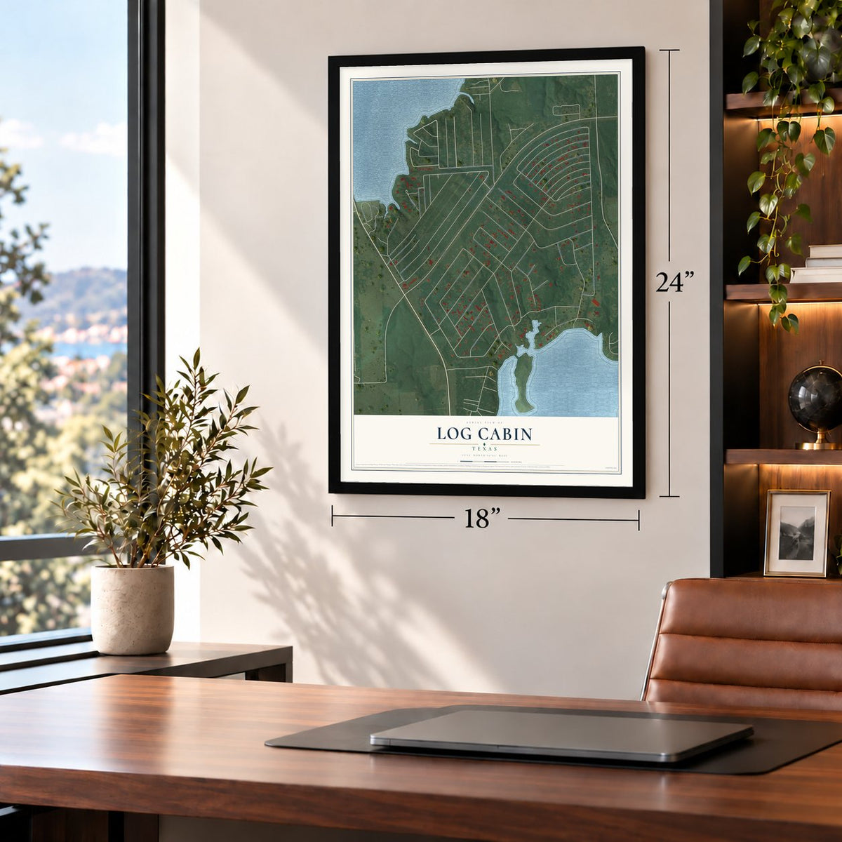 Log Cabin, Texas map, 18 x 24 inch print in a black frame in a home office