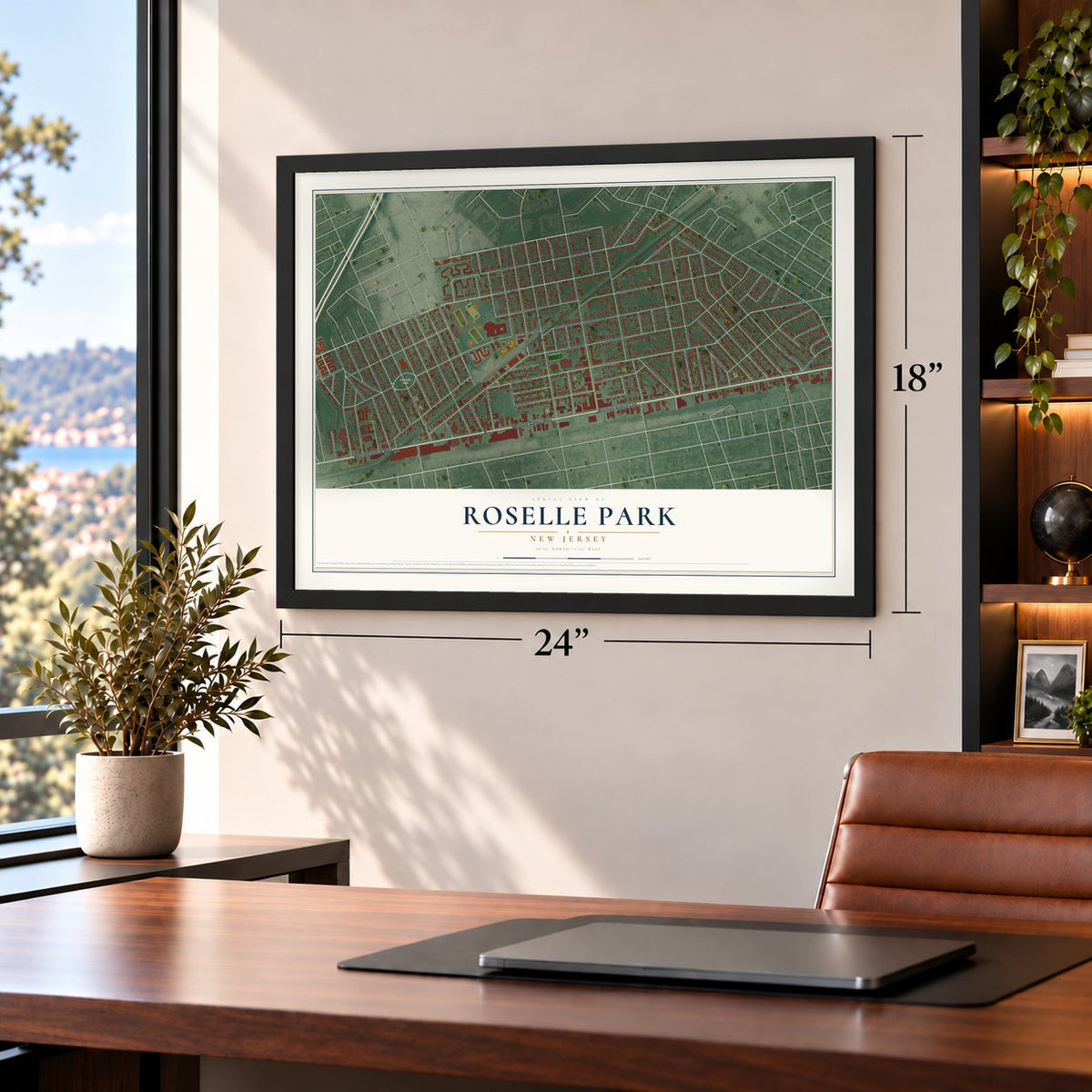 Roselle Park, New Jersey map, 18 x 24 inch print in a black frame in a home office