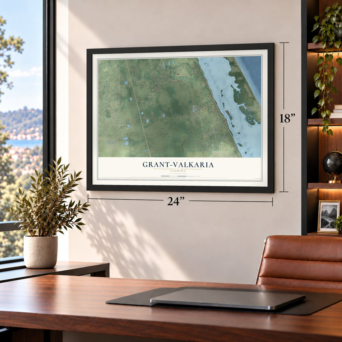 Grant-Valkaria, Florida map, 18 x 24 inch print in a black frame in a home office