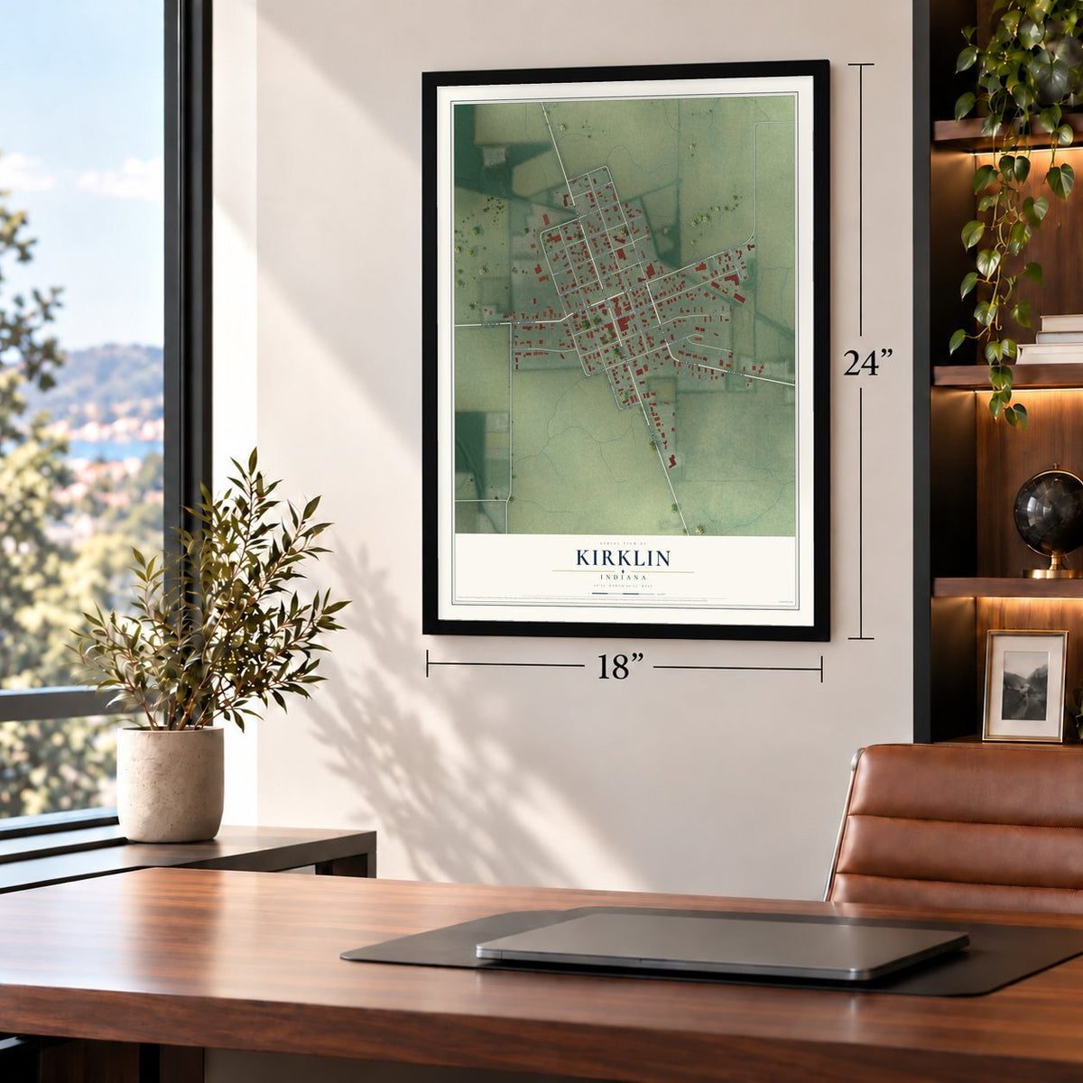 Kirklin, Indiana map, 18 x 24 inch print in a black frame in a home office