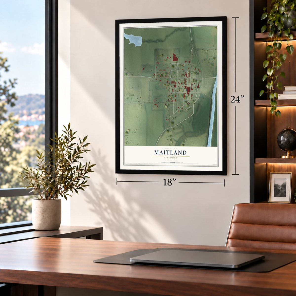 Maitland, Missouri map, 18 x 24 inch print in a black frame in a home office