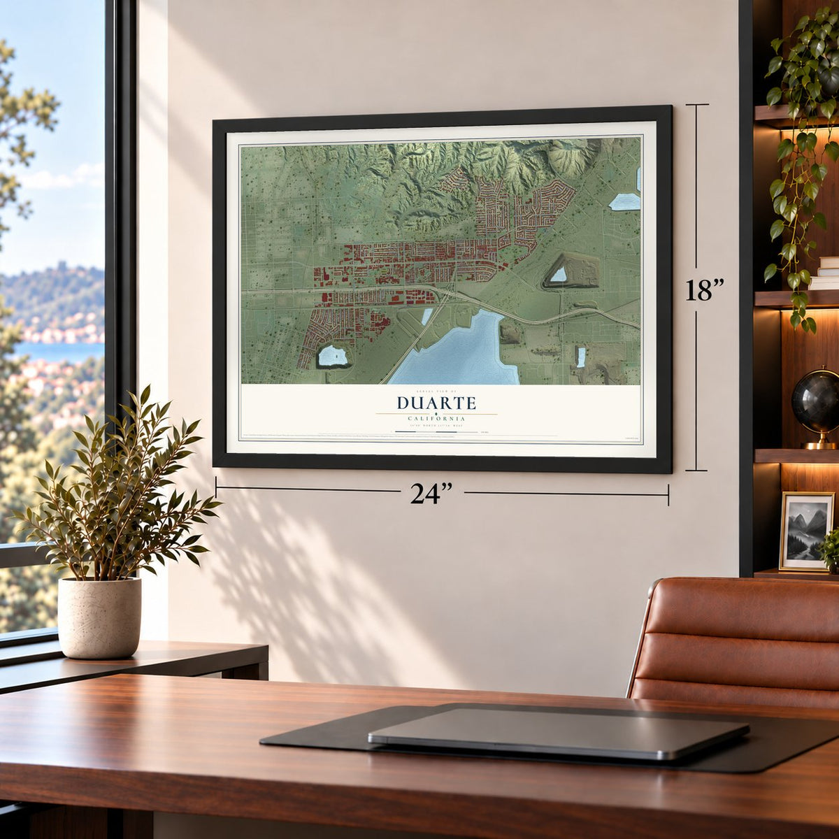 Duarte, California map, 18 x 24 inch print in a black frame in a home office
