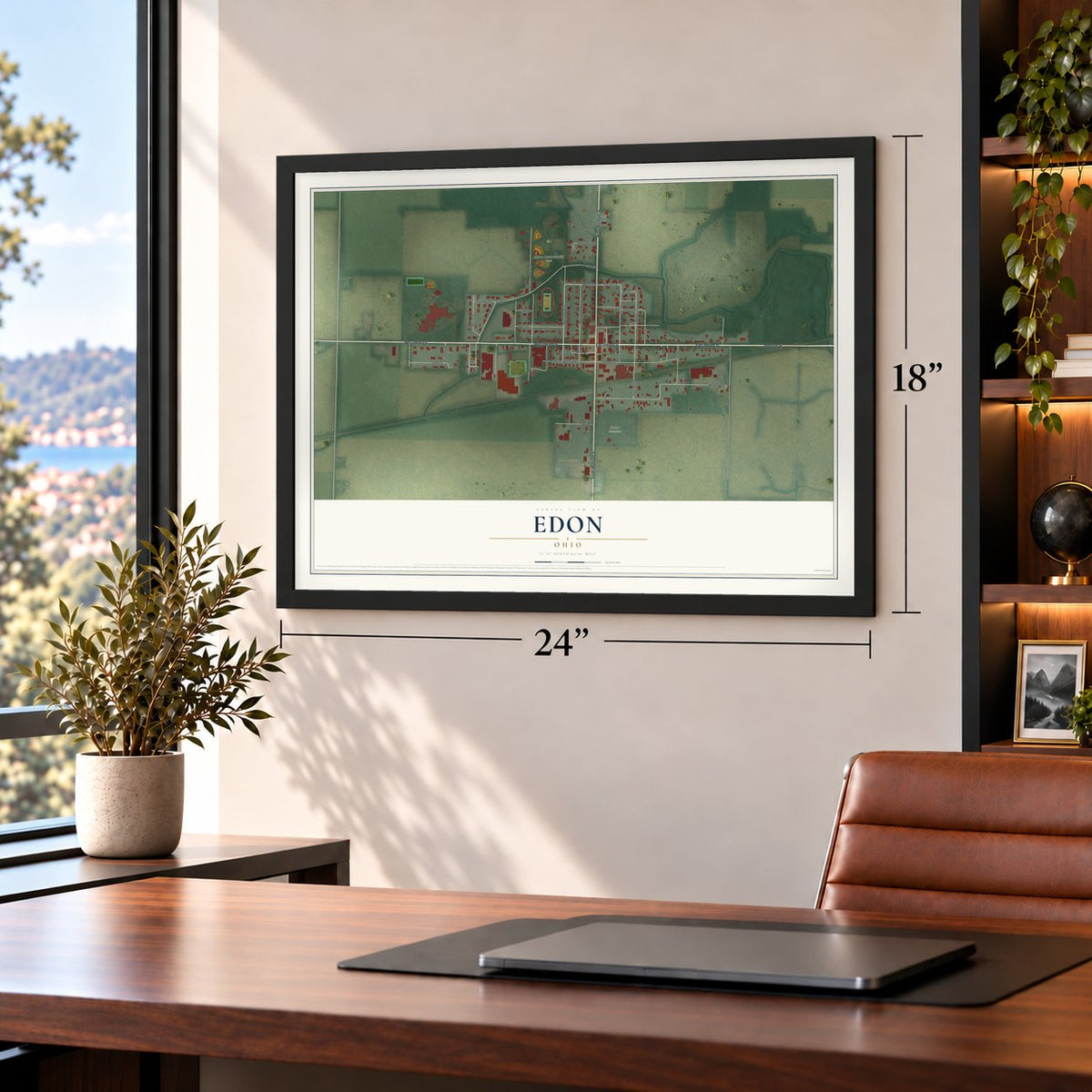Edon, Ohio map, 18 x 24 inch print in a black frame in a home office