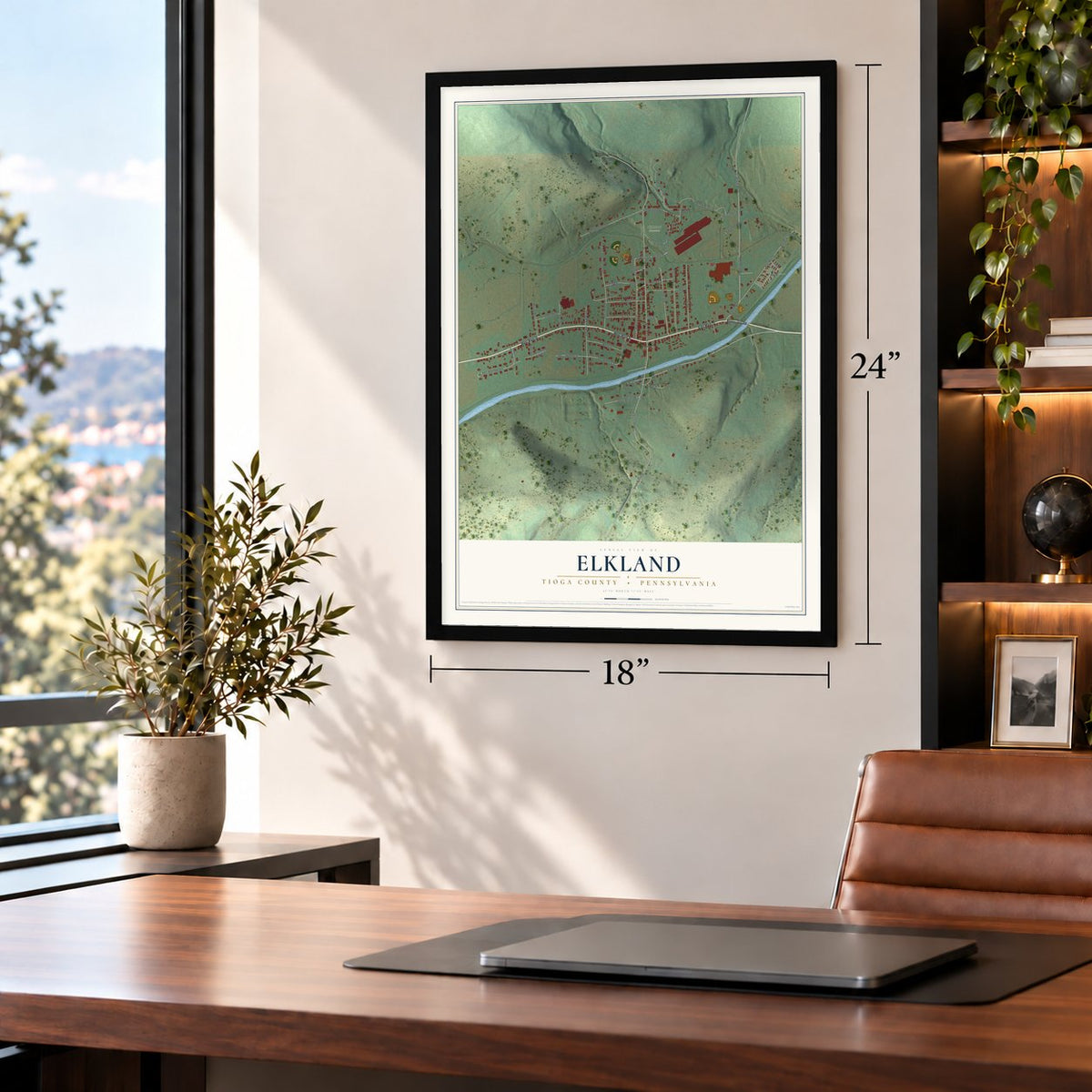 Elkland, Tioga County, Pennsylvania map, 18 x 24 inch print in a black frame in a home office