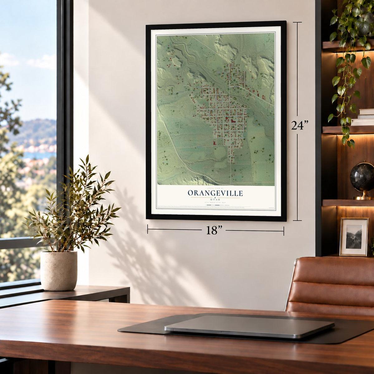 Orangeville, Utah map, 18 x 24 inch print in a black frame in a home office