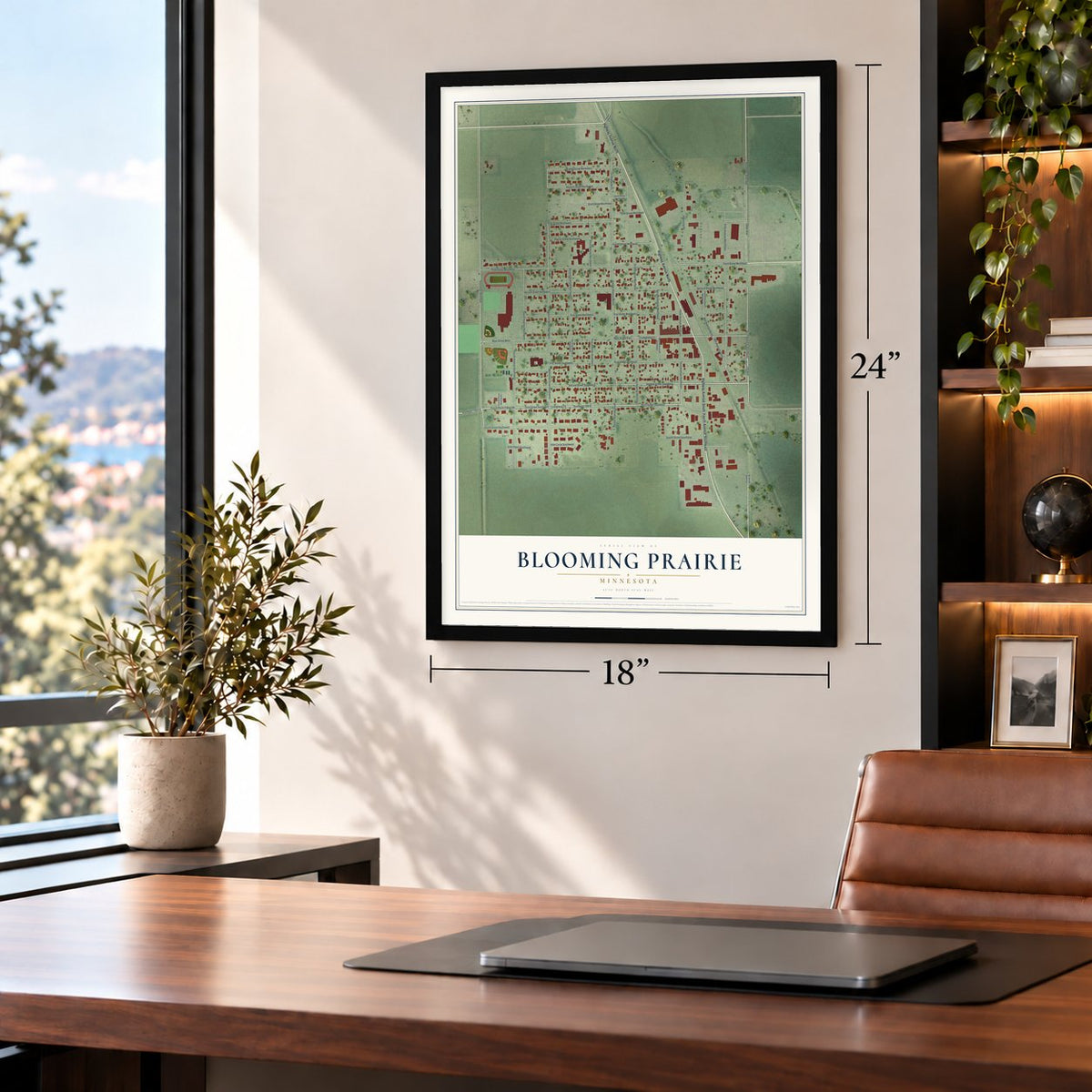 Blooming Prairie, Minnesota map, 18 x 24 inch print in a black frame in a home office