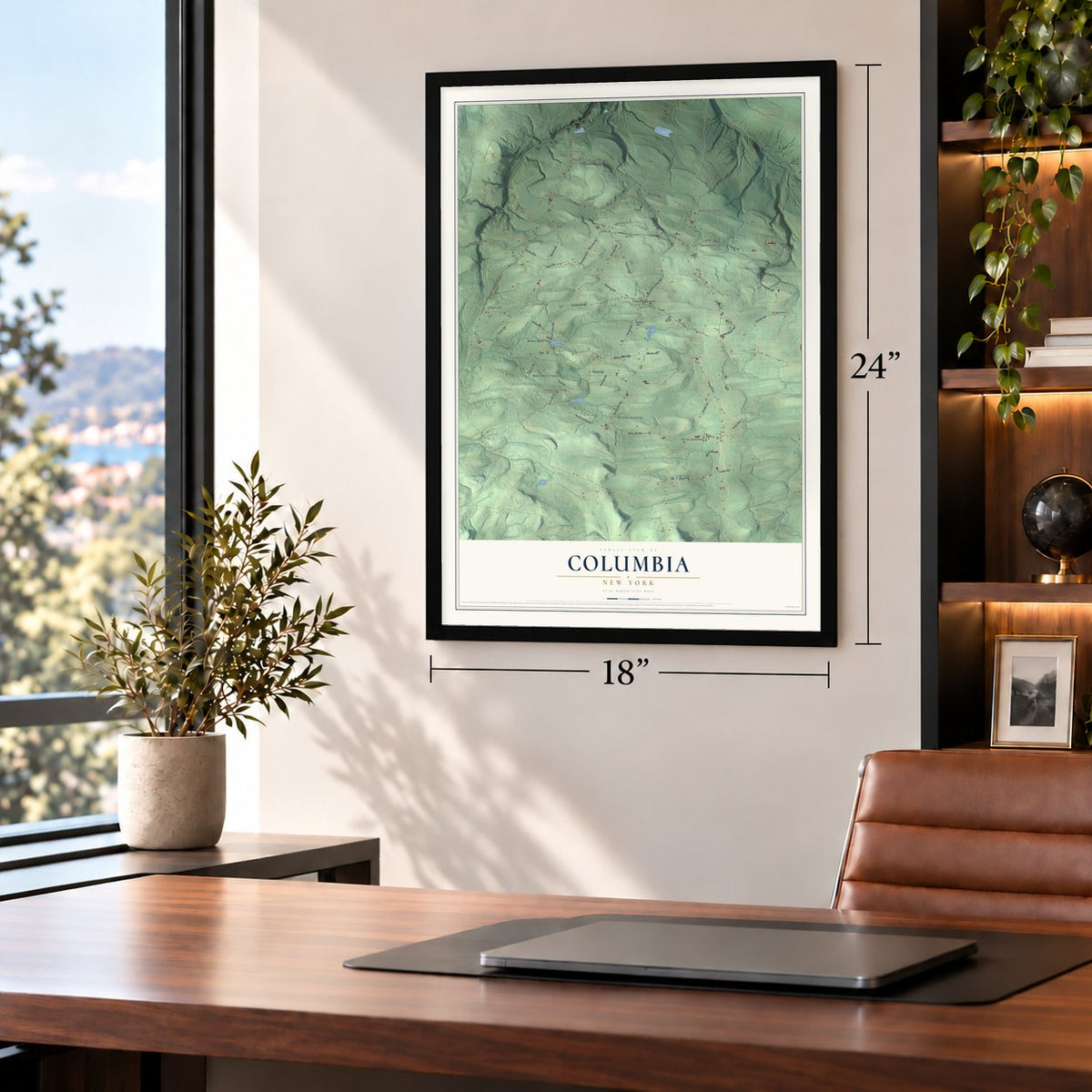 Columbia, New York map, 18 x 24 inch print in a black frame in a home office