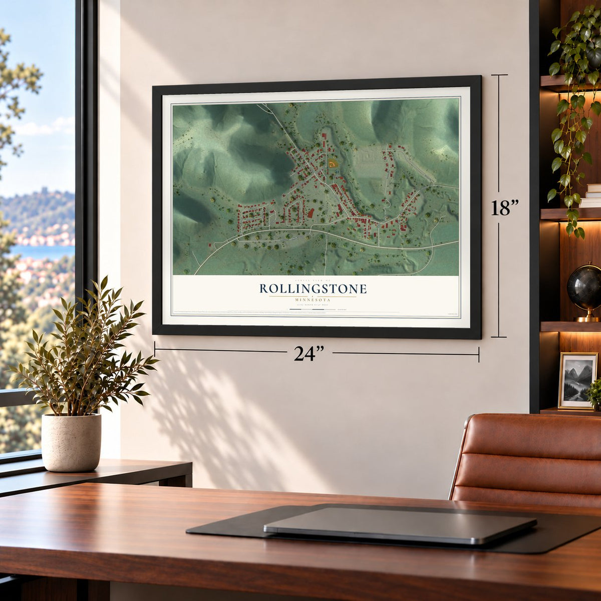 Rollingstone, Minnesota map, 18 x 24 inch print in a black frame in a home office