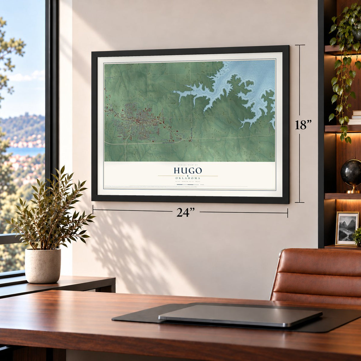 Hugo, Oklahoma map, 18 x 24 inch print in a black frame in a home office