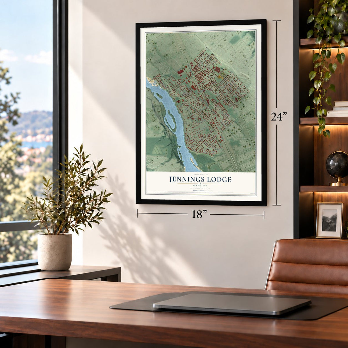 Jennings Lodge, Oregon map, 18 x 24 inch print in a black frame in a home office