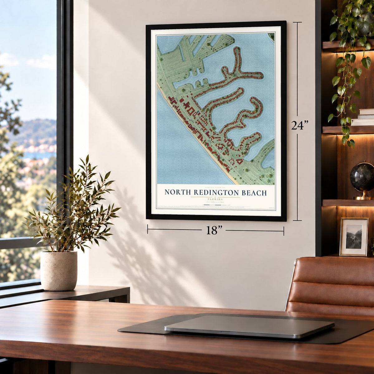 North Redington Beach, Florida map, 18 x 24 inch print in a black frame in a home office