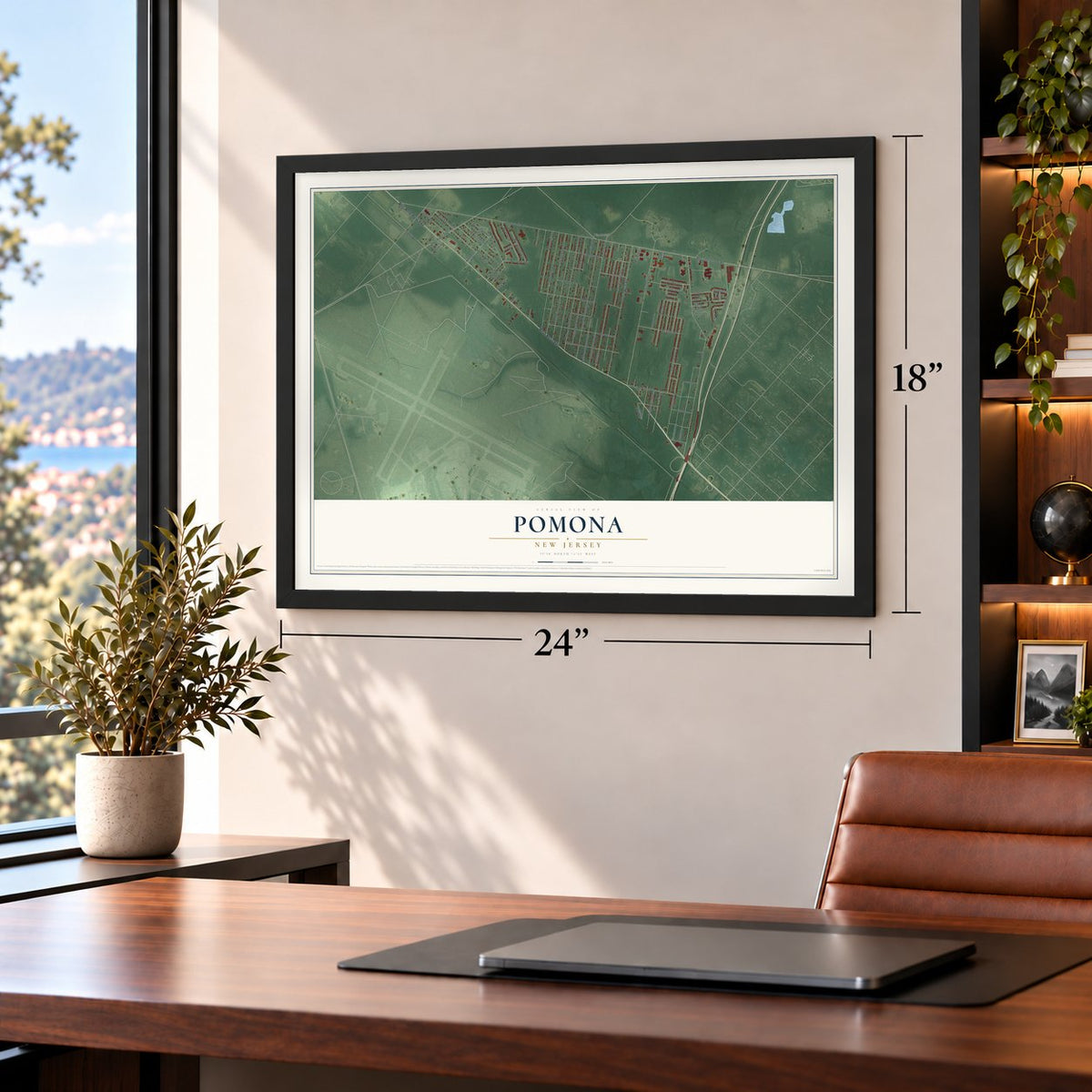 Pomona, New Jersey map, 18 x 24 inch print in a black frame in a home office