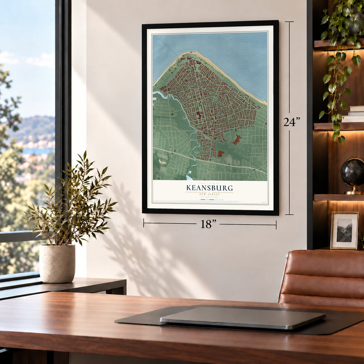 Keansburg, New Jersey map, 18 x 24 inch print in a black frame in a home office