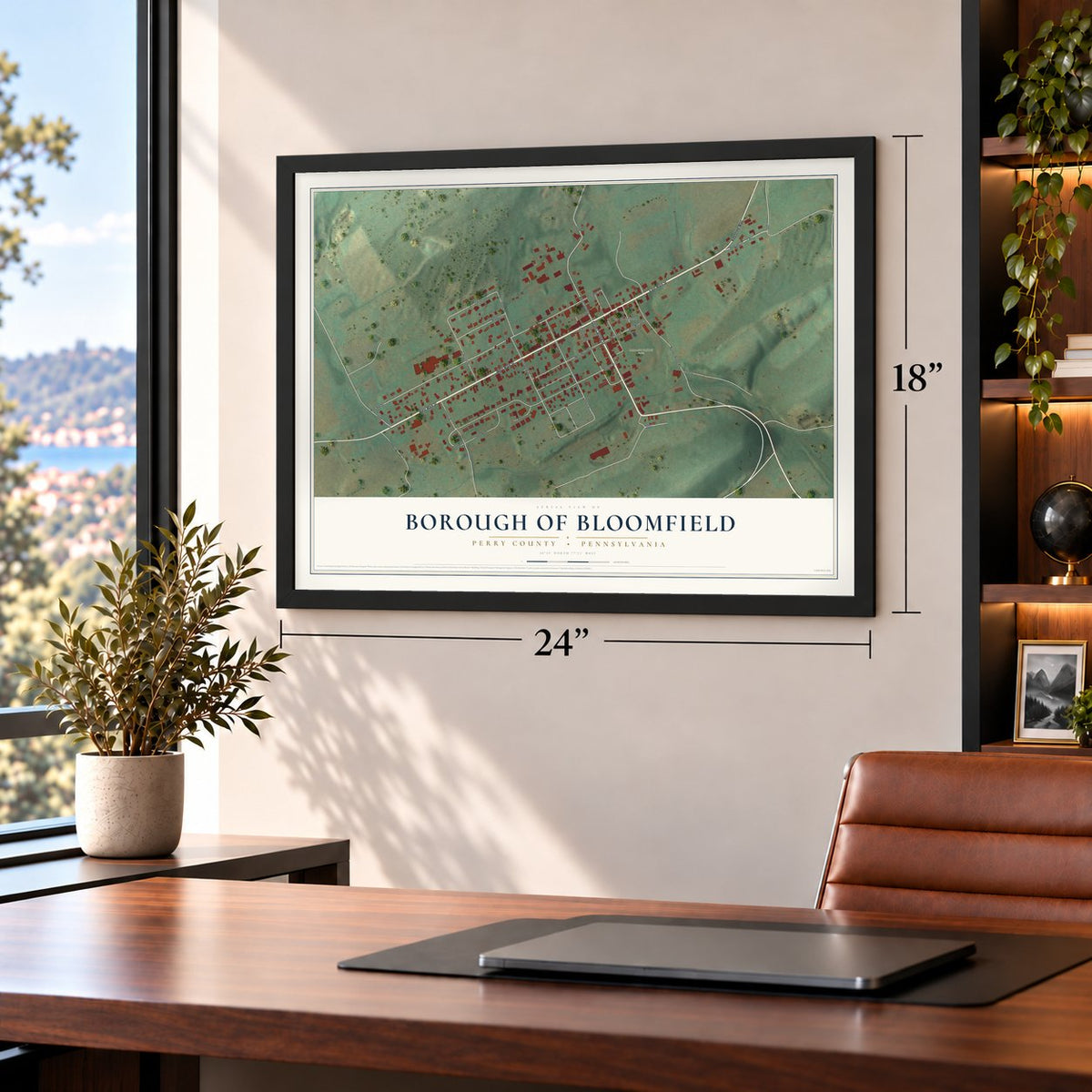 Borough of Bloomfield, Perry County, Pennsylvania map, 18 x 24 inch print in a black frame in a home office