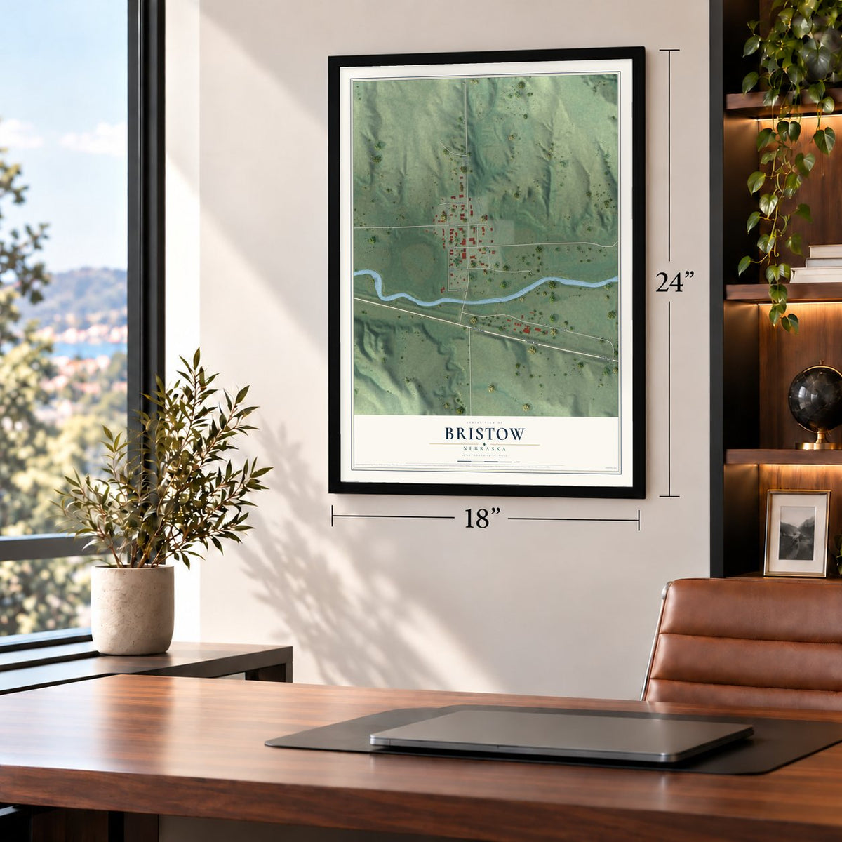 Bristow, Nebraska map, 18 x 24 inch print in a black frame in a home office