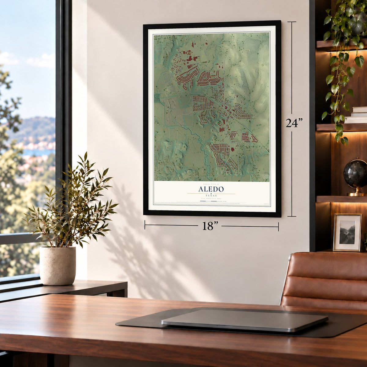 Aledo, Texas map, 18 x 24 inch print in a black frame in a home office