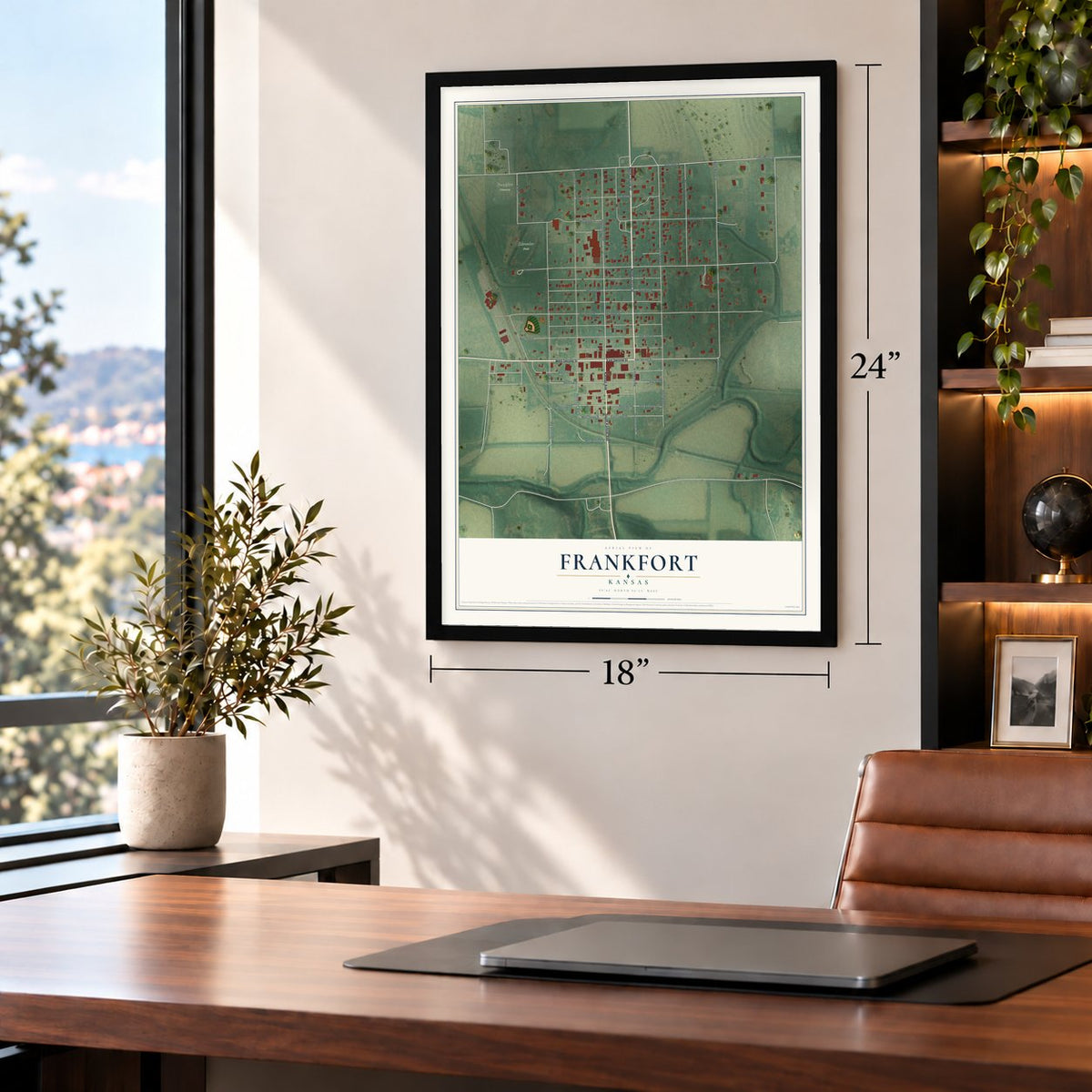 Frankfort, Kansas map, 18 x 24 inch print in a black frame in a home office