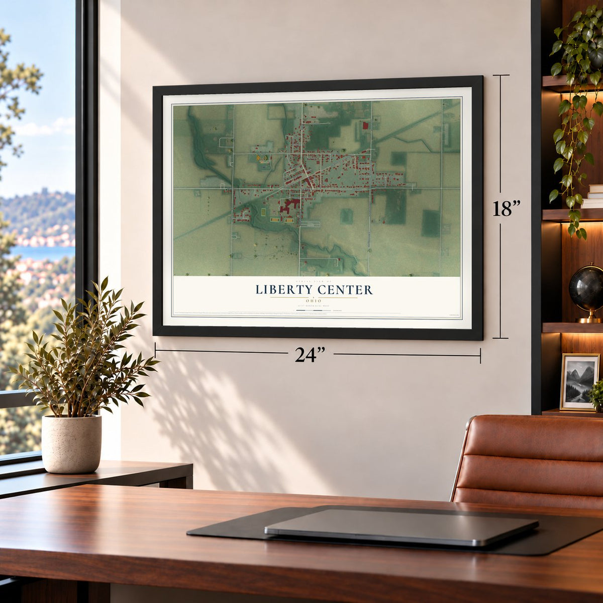 Liberty Center, Ohio map, 18 x 24 inch print in a black frame in a home office