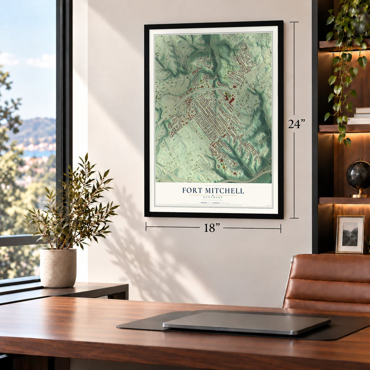 Fort Mitchell, Kentucky map, 18 x 24 inch print in a black frame in a home office