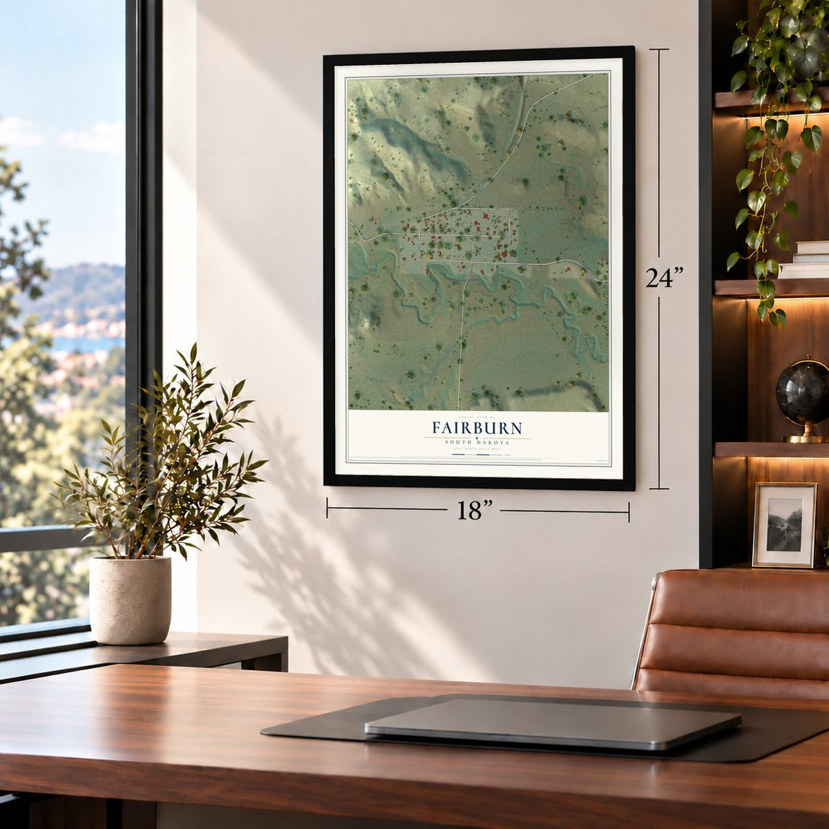 Fairburn, South Dakota map, 18 x 24 inch print in a black frame in a home office