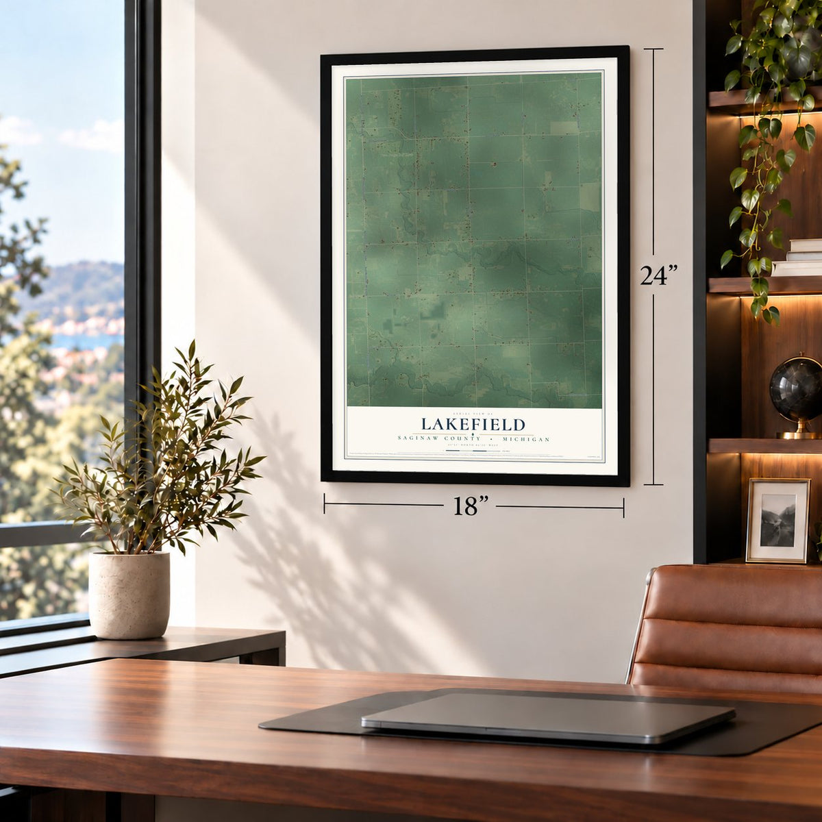 Lakefield, Saginaw County, Michigan map, 18 x 24 inch print in a black frame in a home office