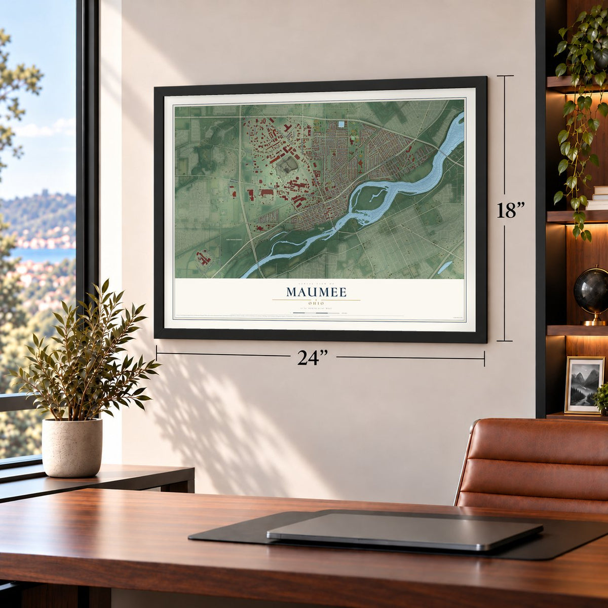 Maumee, Ohio map, 18 x 24 inch print in a black frame in a home office