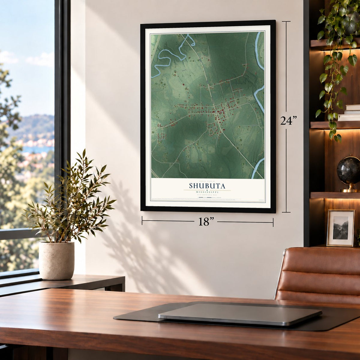 Shubuta, Mississippi map, 18 x 24 inch print in a black frame in a home office