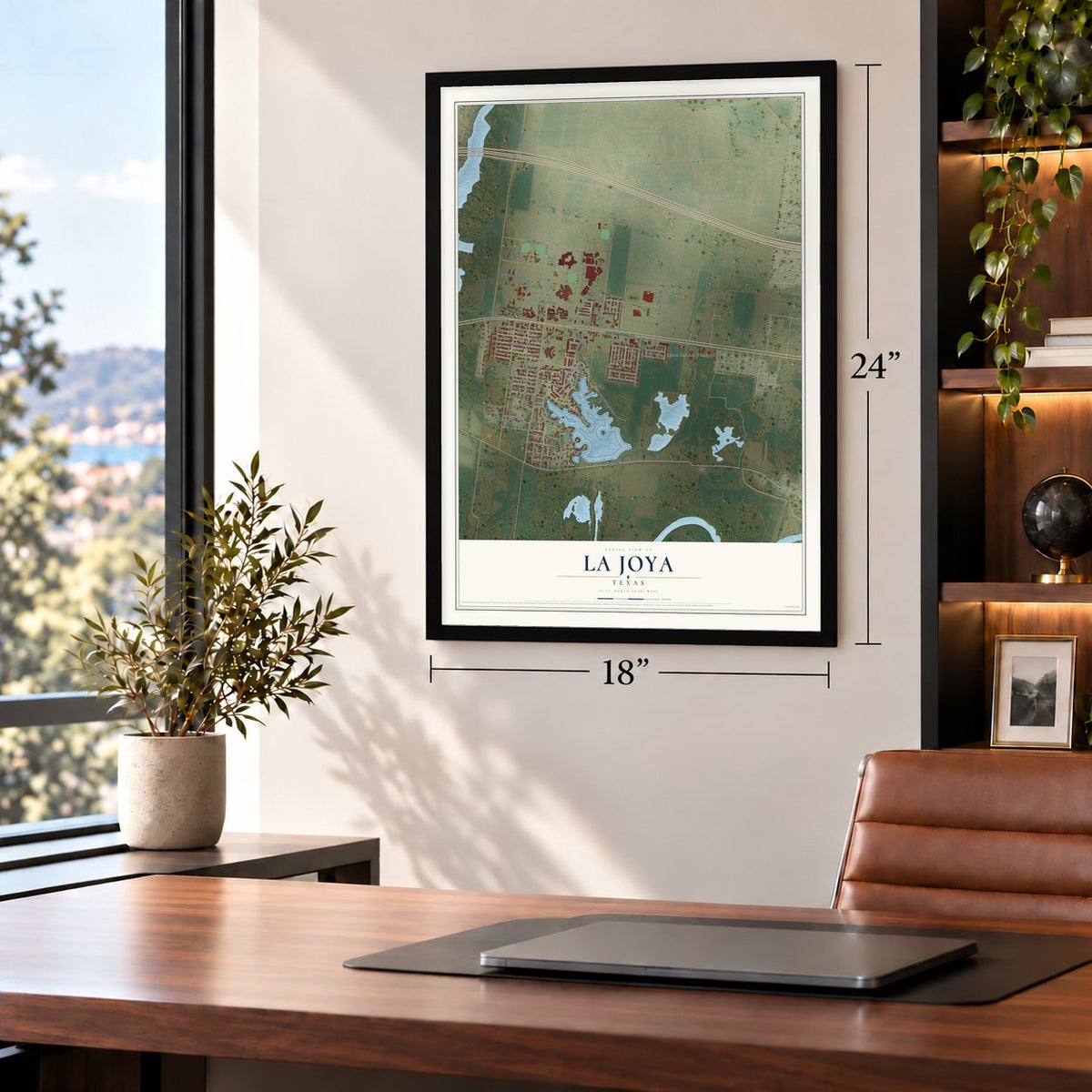 La Joya, Texas map, 18 x 24 inch print in a black frame in a home office