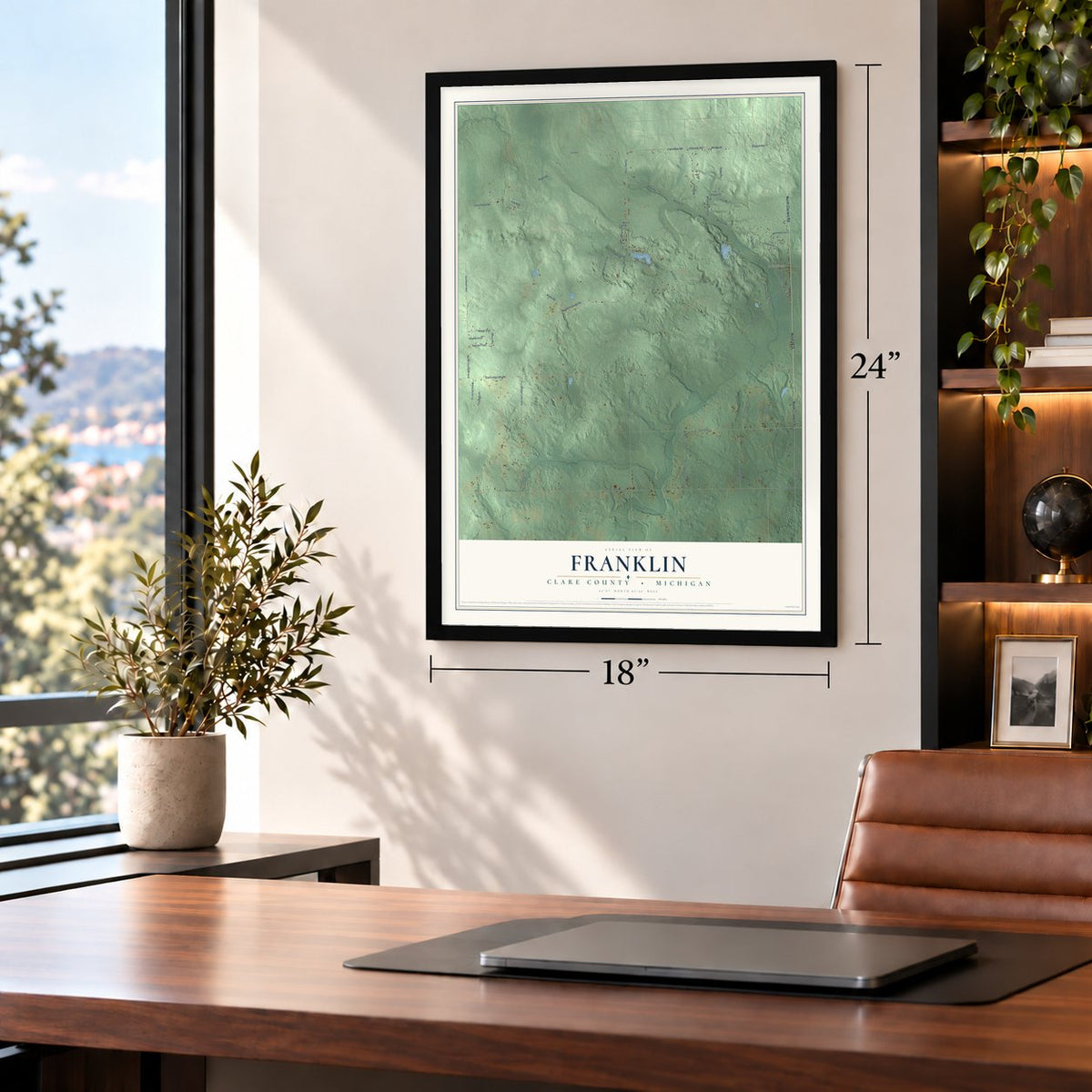 Franklin, Clare County, Michigan map, 18 x 24 inch print in a black frame in a home office