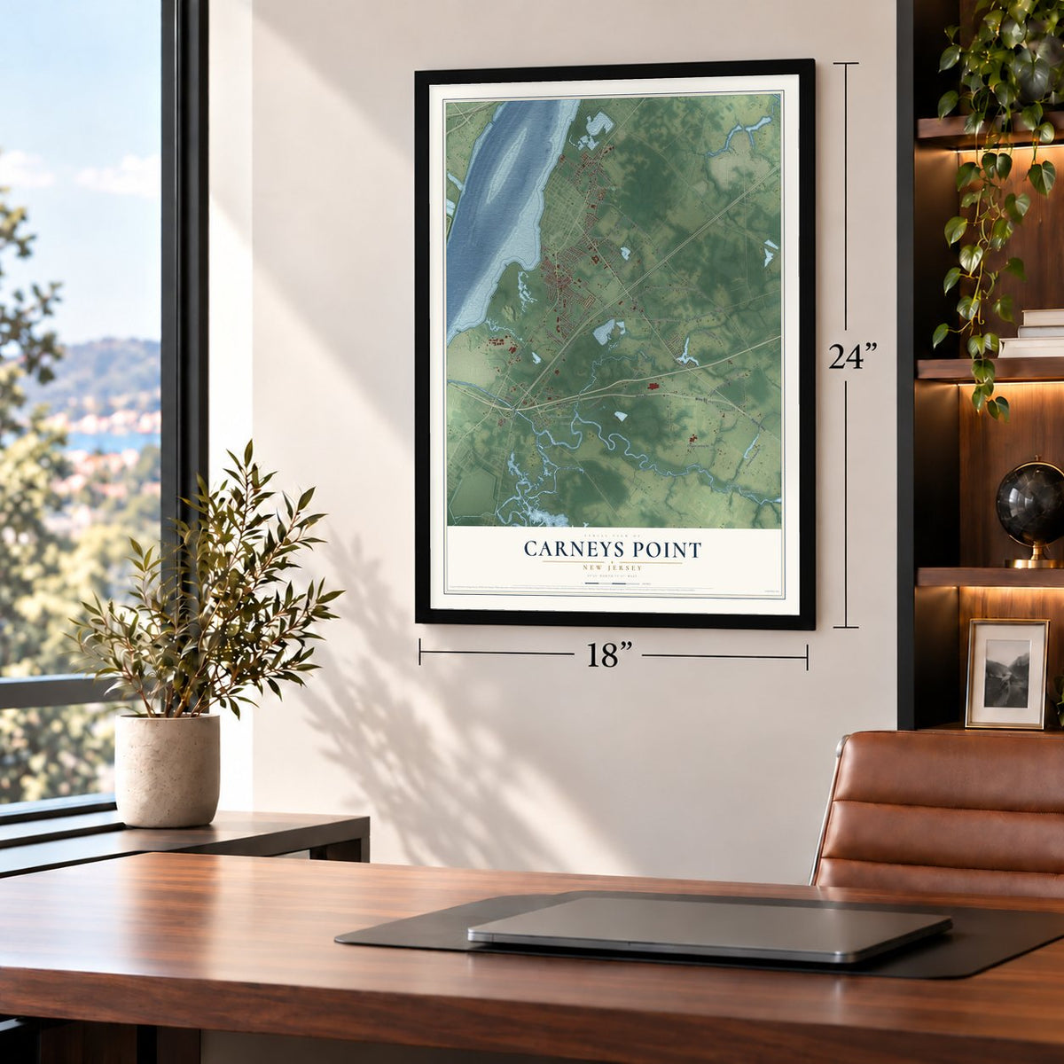 Carneys Point, New Jersey map, 18 x 24 inch print in a black frame in a home office