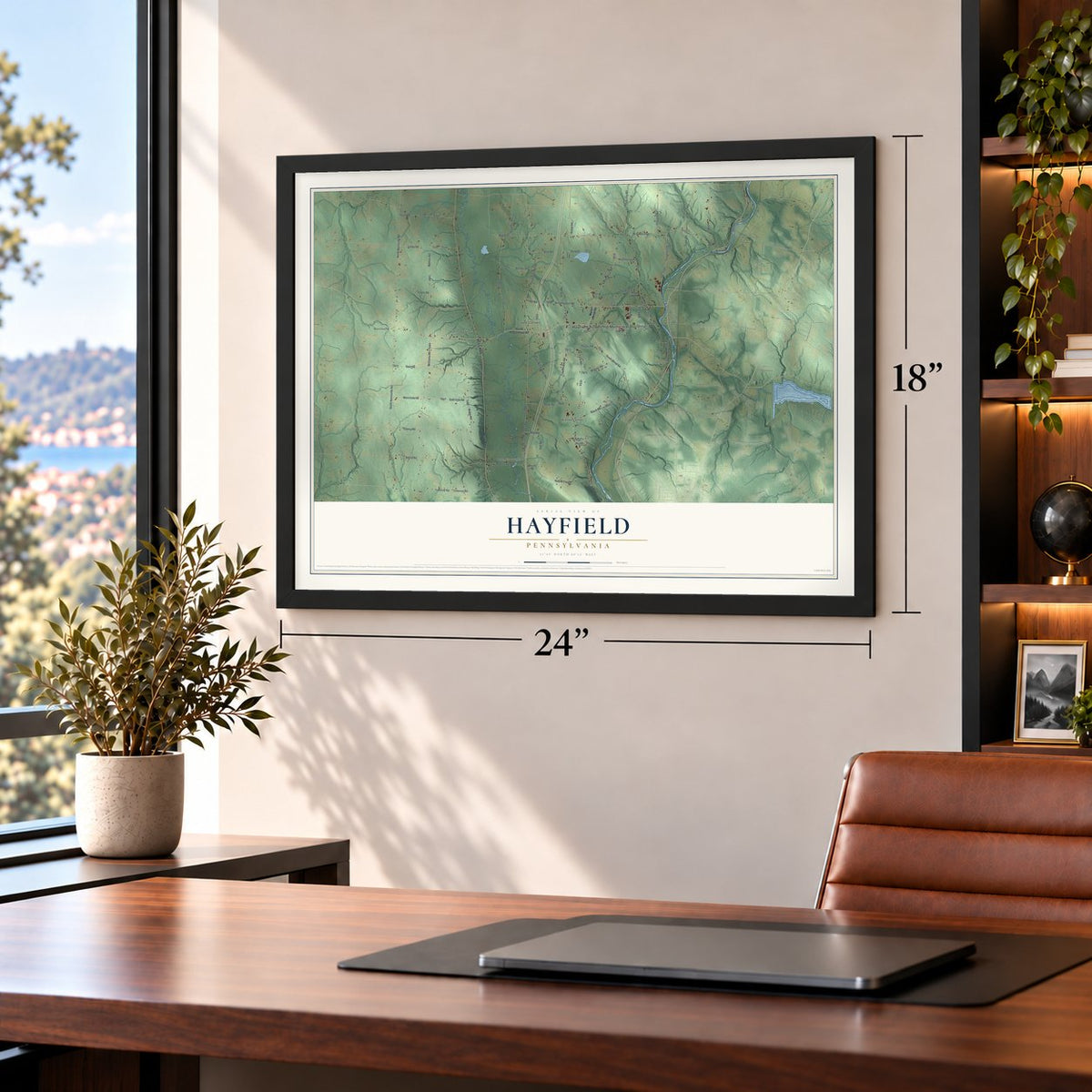 Hayfield, Pennsylvania map, 18 x 24 inch print in a black frame in a home office