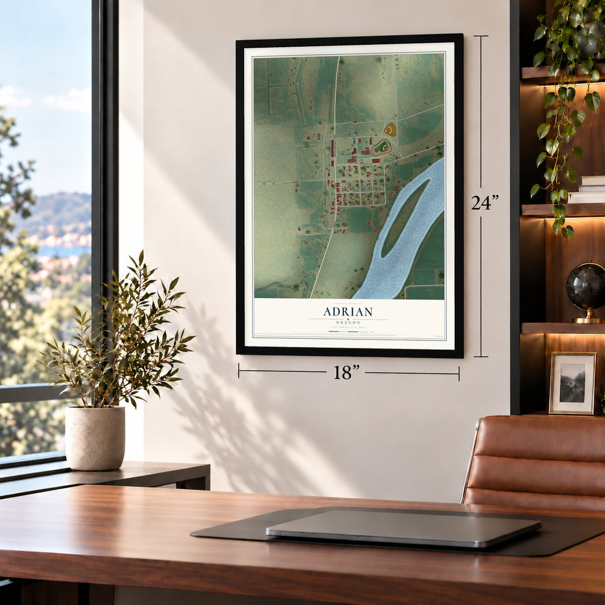 Adrian, Oregon map, 18 x 24 inch print in a black frame in a home office