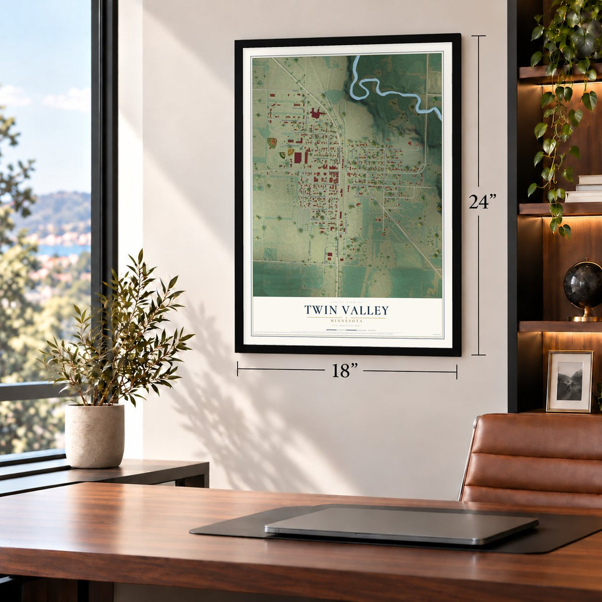 Twin Valley, Minnesota map, 18 x 24 inch print in a black frame in a home office