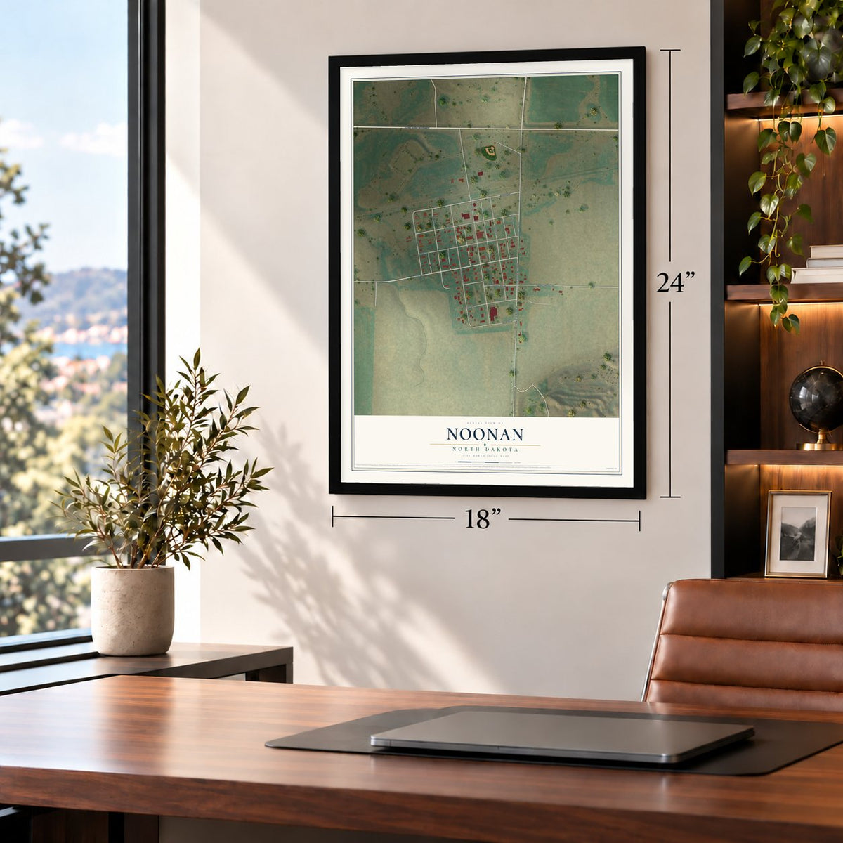 Noonan, North Dakota map, 18 x 24 inch print in a black frame in a home office
