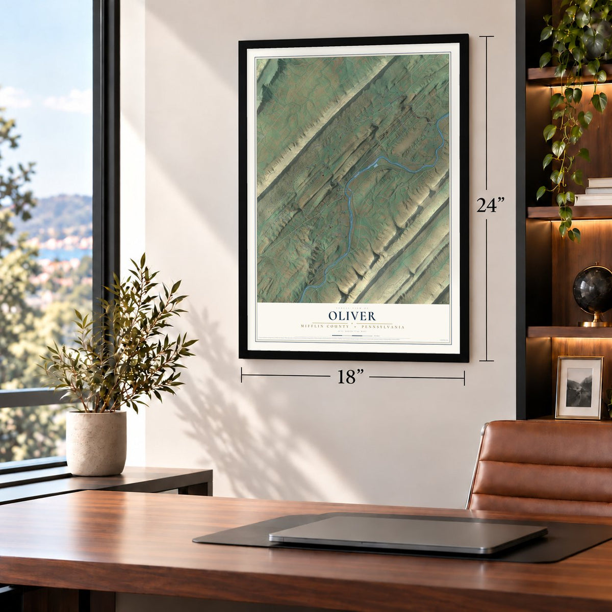 Oliver, Mifflin County, Pennsylvania map, 18 x 24 inch print in a black frame in a home office