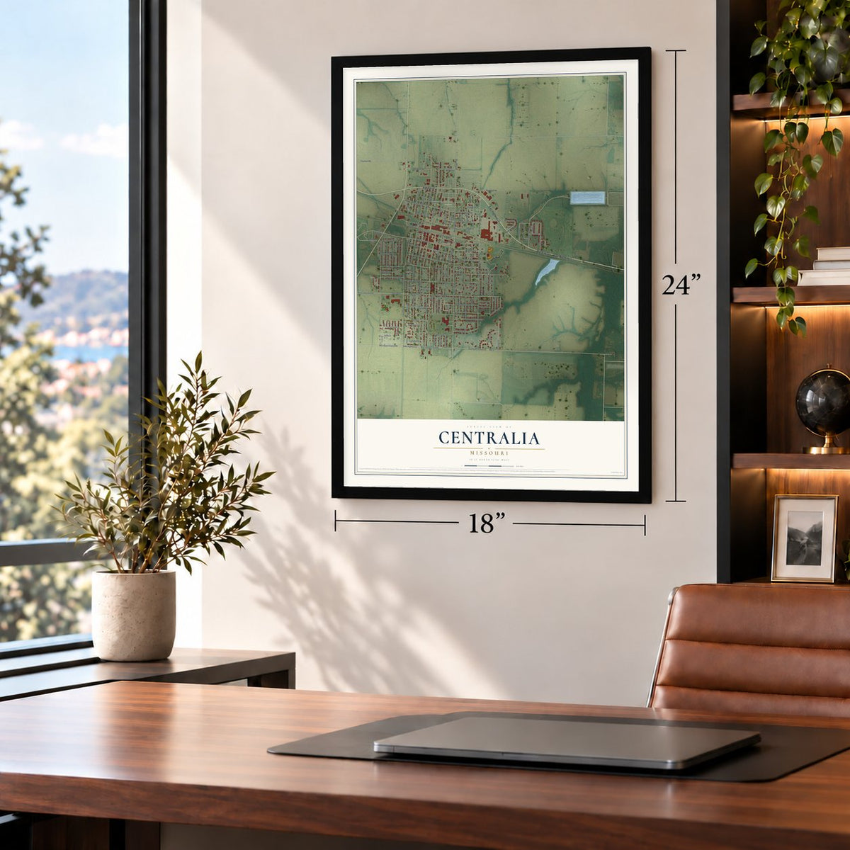 Centralia, Missouri map, 18 x 24 inch print in a black frame in a home office