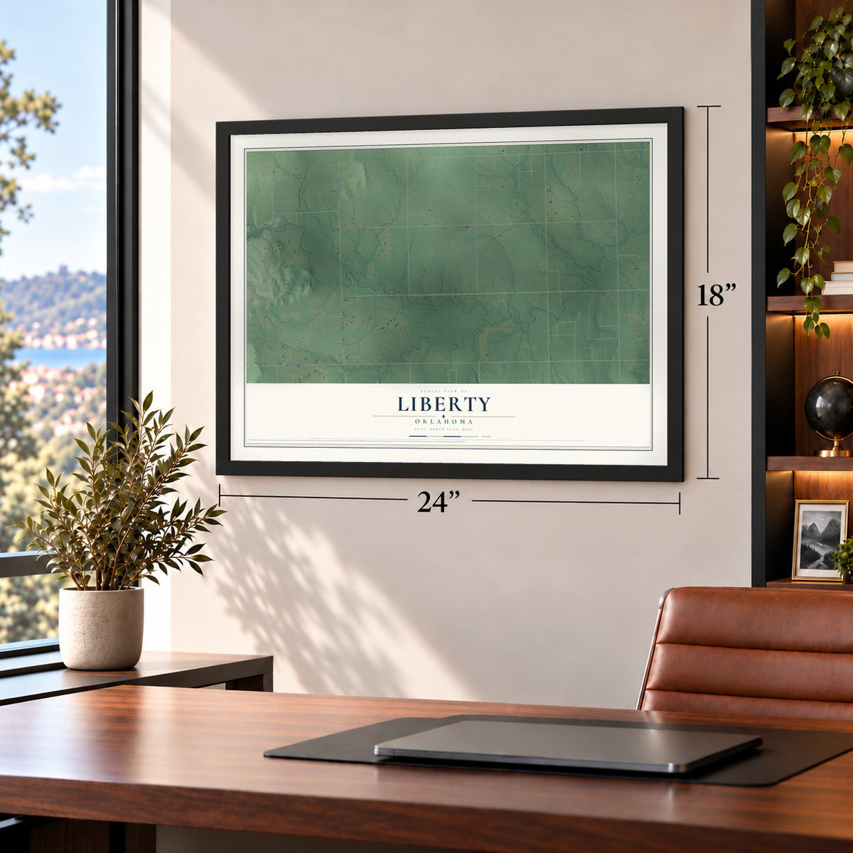 Liberty, Oklahoma map, 18 x 24 inch print in a black frame in a home office