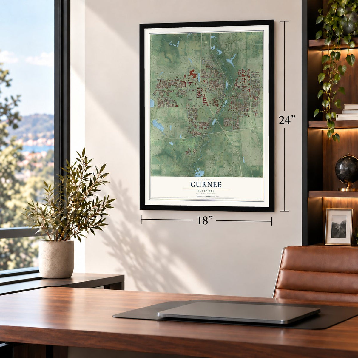 Gurnee, Illinois map, 18 x 24 inch print in a black frame in a home office